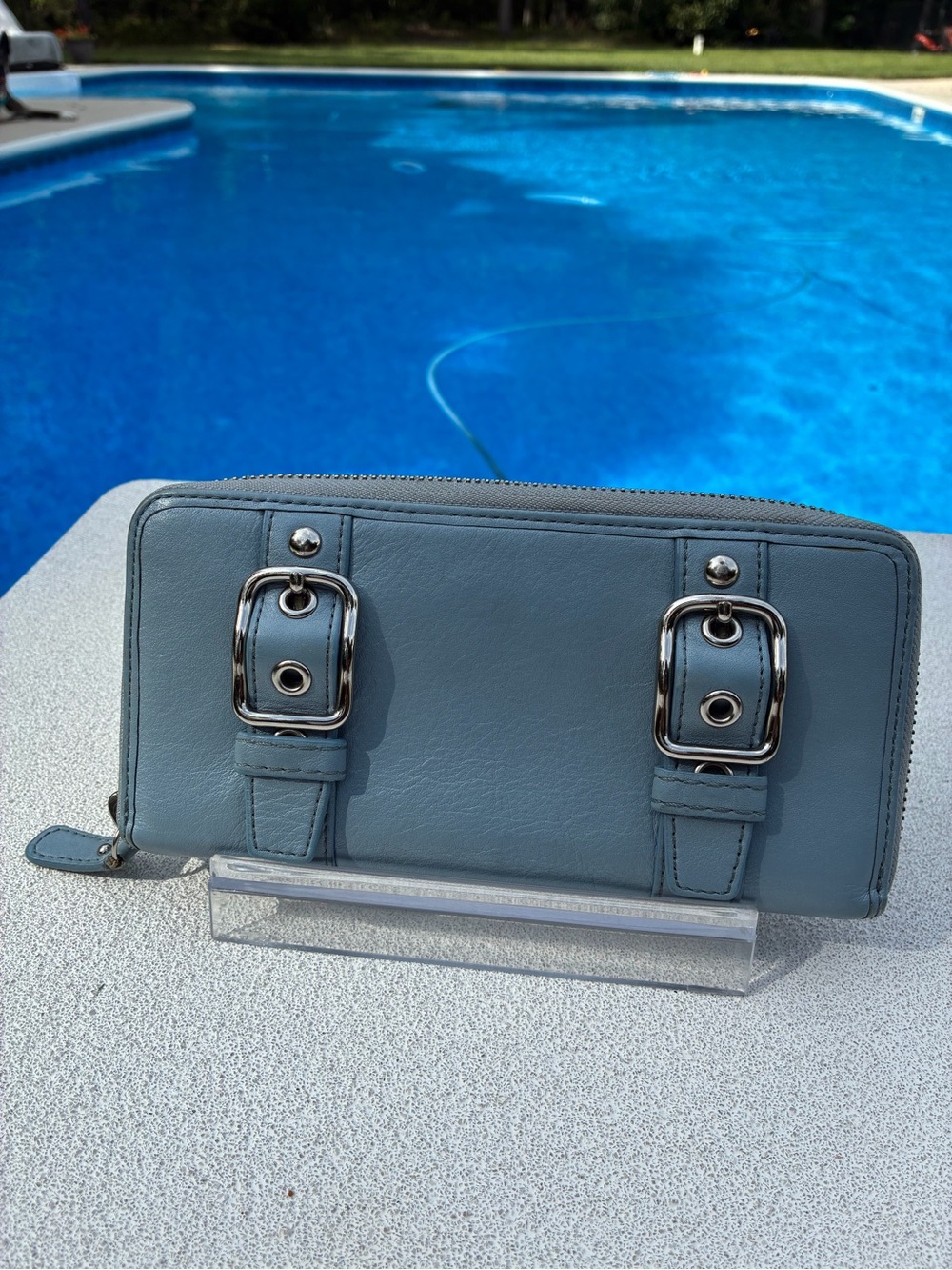 💙 Vintage Coach Soho Zoe Sky Blue Double Buckle Zip-Around Wallet